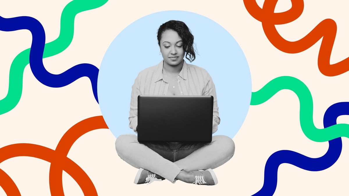 woman sitting cross legged, typing on a laptop. Graphic squiggles surround her