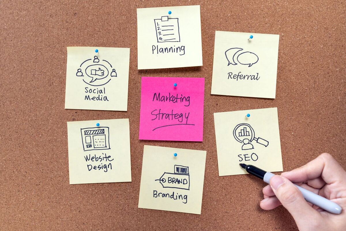 bulletin board with post its about marketing strategy