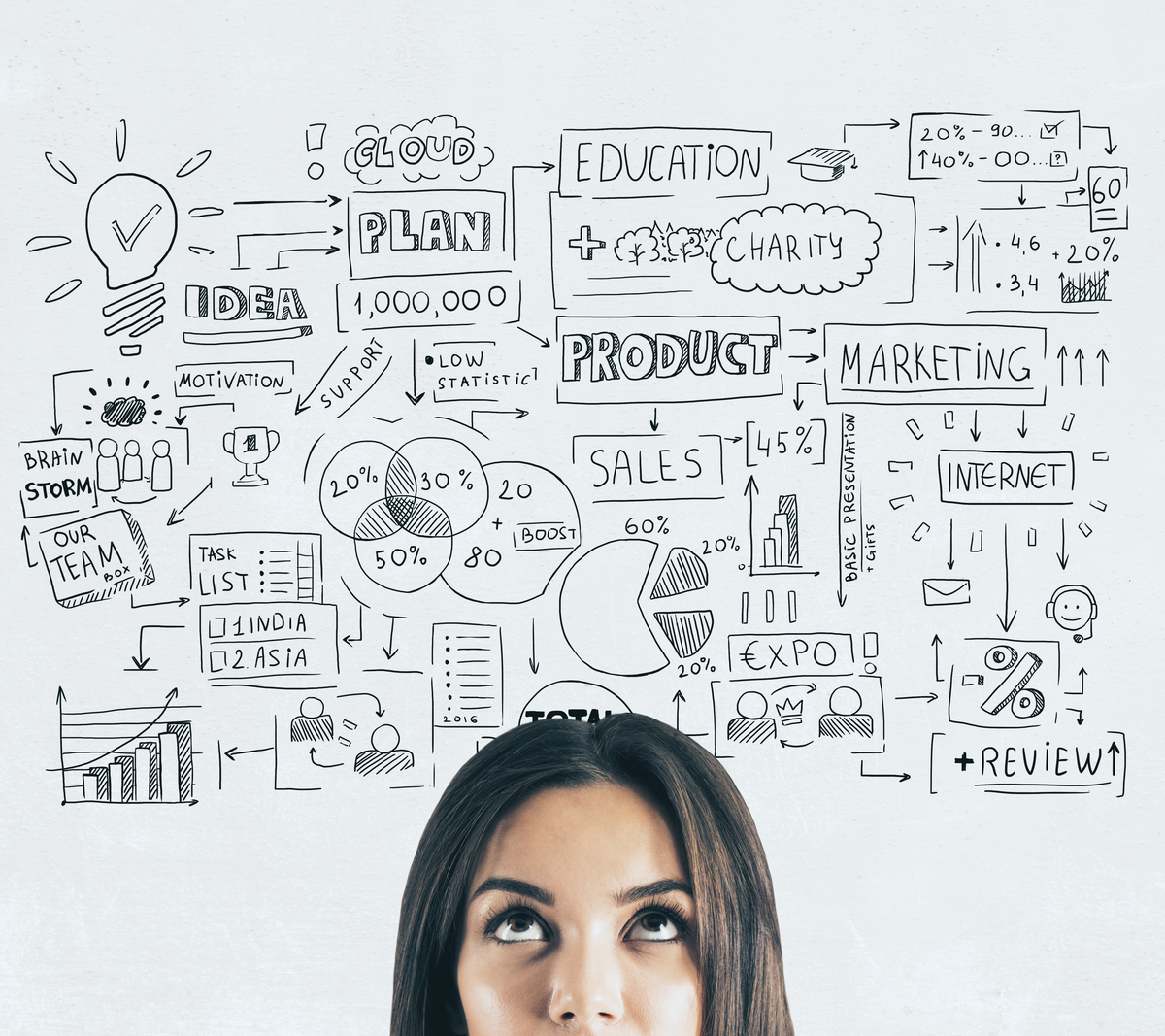 young business woman looking up at handwritten data