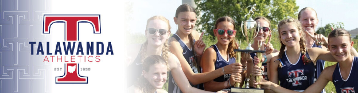 Talawanda Athletics logo and group of girls holding trophy