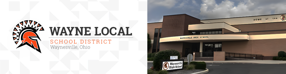Wayne Local School District logo with art rendering of High School