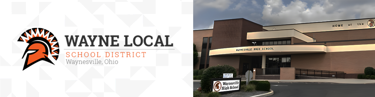 Wayne Local School District logo with art rendering of High School