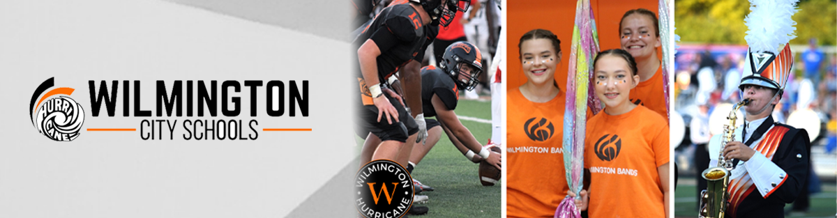 Wilmington City School logo with collage of football players, students with flag, and saxophone player